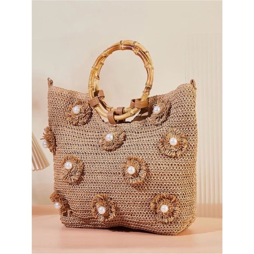 NEW Woven Straw Bag with Bamboo Handles and Pearl Accents